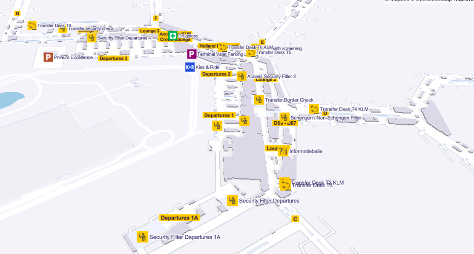 Mapa do andar 1 - Aeroporto de Amsterdã